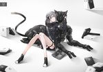  bangs bare_legs black_footwear cat closed_mouth commentary grey_eyes grey_hair jacket long_hair long_legs long_sleeves looking_at_another neco original robot science_fiction shoes sitting smile solo thigh_strap 