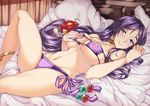 bare_shoulders bed_sheet bikini blush breasts c: closed_mouth collarbone commentary_request covered_nipples eyepatch_bikini fate/grand_order fate_(series) hands_up highres indoors knee_up large_breasts long_hair looking_at_viewer lying minamoto_no_raikou_(fate/grand_order) minamoto_no_raikou_(swimsuit_lancer)_(fate) navel on_back on_bed pillow purple_bikini purple_hair shirokuma_a side-tie_bikini smile solo swimsuit thighs very_long_hair 