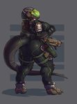  anthro armor big_breasts big_butt bodysuit breasts butt claws clothed clothing female footwear gun helmet holster komodo_dragon lizard looking_at_viewer monitor_lizard ranged_weapon reptile rifle rube scalie shoes skinsuit straps thick_thighs tight_clothing weapon wide_hips 