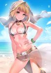  ahoge bangs bare_shoulders beach belt bikini blonde_hair blue_sky breasts bridal_veil cleavage closed_mouth cloud collarbone commentary_request contrapposto day fate/extra fate_(series) feathers glint green_eyes hair_intakes hand_on_hip head_tilt highres hips lock looking_at_viewer medium_breasts navel nero_claudius_(bride)_(fate) nero_claudius_(fate)_(all) ocean outdoors sarong sky smile solo standing stomach swimsuit thighs veil white_bikini wind wind_lift yuran zipper zipper_pull_tab 