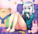  aqua_sweater bare_shoulders barefoot blue_eyes blush bow eromanga_sensei hair_bow highres holding holding_stylus indoors izumi_sagiri long_hair looking_at_viewer open_mouth panties pink_panties rangen red_bow side-tie_panties silver_hair sitting solo underwear 