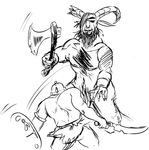  2017 armor axe body_hair bovine broken_horn butt chest_hair clothing facial_hair facial_piercing fight fighting_stance guayo helmet holding_object holding_weapon horn human male mammal melee_weapon minotaur muscular muscular_male navel nipples nose_piercing nude piercing pubes shield size_difference sword weapon 