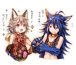  2girls :3 absurdres animal_ears bangs bare_shoulders blue_hair claw_(weapon) claws collar commentary_request erune fenrir_(shingeki_no_bahamut) flying_sweatdrops fur granblue_fantasy grey_hair hair_between_eyes highres jewelry long_hair multiple_girls open_mouth orange_eyes paws red_eyes sen_(granblue_fantasy) simple_background smile sparkle sukemyon sweatdrop translated upper_body weapon white_background wolf_ears 