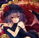  absurdres bangs bat_wings black_dress black_hat closed_mouth couch daimaou_ruaeru dress flower hair_between_eyes hat hat_flower highres long_hair looking_at_viewer mob_cap pink_wings purple_hair red_eyes red_flower red_rose remilia_scarlet rose solo touhou turtleneck wings wrist_cuffs 