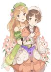  atelier_(series) atelier_ayesha ayesha_altugle brown_eyes brown_hair cowboy_shot dress flower green_hat hair_flower hair_ornament hat highres hug hug_from_behind lily_(flower) long_hair looking_at_viewer machikado multiple_girls nio_altugle short_hair siblings sisters smile white_background white_hat 