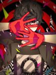  amamiya_ren black_hair covering_face glasses gloves jacket looking_at_viewer male_focus open_clothes open_jacket persona persona_5 persona_5:_dancing_star_night persona_dancing red_eyes red_gloves shirt solo upper_body 