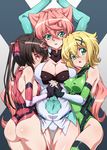  akatsuki_kirika arms_up ass ass_visible_through_thighs bare_shoulders black_hair blonde_hair blue_eyes blush breasts cleavage commentary_request covered_navel covered_nipples elbow_gloves eyebrows_visible_through_hair girl_sandwich gloves green_eyes green_leotard hair_ornament holding_hands interlocked_fingers large_breasts leotard long_hair looking_at_viewer maria_cadenzavna_eve medium_breasts multiple_girls open_mouth pink_eyes pink_hair pink_leotard sandwiched senki_zesshou_symphogear shiny shiny_clothes shiny_hair shiny_skin short_hair shoulder_blades shunzou skin_tight small_breasts thigh_gap thighhighs tsukuyomi_shirabe twintails very_long_hair white_legwear 