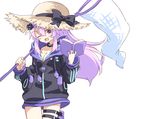  adult_neptune blush butterfly_net d-pad d-pad_hair_ornament hair_ornament hand_net hat highres hood jacket long_hair looking_at_viewer neptune_(series) normaland purple_eyes purple_hair shin_jigen_game_neptune_vii smile solo straw_hat 