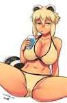  animal_ears araiguma-san bare_shoulders bikini blonde_hair breasts cleavage collarbone cup dated drinking_glass drinking_straw large_breasts looking_at_viewer navel original partially_visible_vulva raccoon_ears raccoon_tail red_eyes short_hair simple_background solo spread_legs swimsuit tail tan thick_thighs thighs tsukudani_(coke-buta) white_background yellow_bikini 