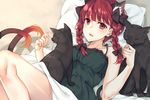  animal animal_ears black_bow black_cat blush bow braid cat cat_ears cat_tail collarbone eyebrows_visible_through_hair hair_bow kaenbyou_rin looking_at_viewer lying on_back parted_lips red_eyes red_hair rinarisa short_hair solo tail touhou twin_braids 