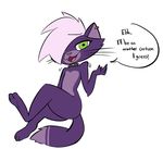  2017 4_fingers anthro butt cat collar crossed_legs digital_media_(artwork) ear_piercing english_text feline female fur gabbah green_eyes grin hair hair_over_eye half-closed_eyes hi_res long_tail looking_at_viewer mammal open_mouth paws piercing pose purple_fur purple_hair shrug simple_background sitting smile solo text the_aristocats whiskers white_background 