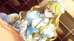  1girl blonde_hair blue_eyes blush breasts censored dutch_angle eiyuu_senki eiyuu_senki_gold game_cg handjob handjob_over_clothes hetero long_hair looking_at_viewer maid_headdress medium_breasts mosaic_censoring ooyari_ashito penis sir_kay_(eiyuu_senki) smile solo_focus 