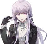  benghuai_xueyuan black_gloves black_jacket black_ribbon danganronpa danganronpa_3 dress_shirt eyebrows_visible_through_hair gloves hair_ribbon hand_in_hair jacket kirigiri_kyouko long_hair looking_away official_art open_clothes open_jacket open_mouth ponytail purple_eyes ribbon shirt silver_hair solo transparent_background uniform upper_body white_shirt 