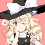  &gt;:) ;) blonde_hair blush bow braid buttons commentary hand_rest hat hat_bow head_rest head_tilt heart kirisame_marisa one_eye_closed puffy_short_sleeves puffy_sleeves reaching_out self_shot short_sleeves side_braid single_braid smile solo spoken_heart touhou turtleneck v-shaped_eyebrows vest wavy_hair white_bow witch_hat yellow_eyes yururi_nano 