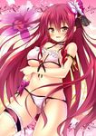  armlet bikini blush breasts brown_eyes cattleya_(flower_knight_girl) choker cowboy_shot flower flower_knight_girl hair_ribbon huei_nazuki large_breasts long_hair looking_at_viewer multicolored multicolored_background object_namesake orchid pink_background red_hair ribbon smile solo swimsuit thighlet twitter_username white_bikini yellow_background 