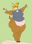  blonde_hair cervine clothing deer female green_background green_eyes hair happy lurking_tyger mammal obese open_mouth overweight overweight_female pose shirt simple_background smile standing 