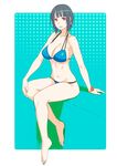  alternate_costume arm_support bangs barefoot bikini black_hair blue_bikini blue_nails blunt_bangs breasts bright_pupils cleavage collarbone commentary eyebrows_visible_through_hair from_side full_body groin halter_top halterneck hand_on_own_knee highres kantai_collection large_breasts looking_at_viewer looking_to_the_side nail_polish navel parted_lips red_eyes short_hair sitting solo stomach swimsuit takao_(kantai_collection) toenail_polish yuuji_(and) 