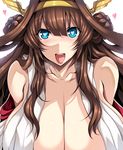  ahoge bare_shoulders breasts brown_hair cleavage collarbone double_bun hair_intakes heart heart-shaped_pupils heavy_breathing huge_breasts kantai_collection kongou_(kantai_collection) long_hair looking_at_viewer lying no_bra nontraditional_miko open_mouth shiny shiny_hair shiny_skin simple_background smile solo stomach symbol-shaped_pupils tsukasawa_takamatsu upper_body white_background 