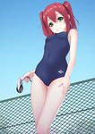  :d arm_at_side ass_visible_through_thighs bangs bare_arms bare_legs bare_shoulders blue_swimsuit blush breasts chain-link_fence covered_navel cowboy_shot day eyebrows_visible_through_hair fence goggles green_eyes grin hair_between_eyes hand_on_lap highres kurosawa_ruby looking_at_viewer love_live! love_live!_sunshine!! meda medium_hair one-piece_swimsuit open_mouth outdoors red_hair school_swimsuit short_hair small_breasts smile solo standing swimsuit teeth thigh_gap two_side_up 