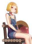  :o blonde_hair breasts chainsaw chair collarbone fate/grand_order fate_(series) hands_together hat highres mizya naked_overalls orange_eyes overalls paul_bunyan_(fate/grand_order) short_hair sitting small_breasts solo 