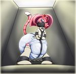  ambiguous_gender anthro bdsm blue_eyes bondage bound carotte666 cat chain cuffs_(disambiguation) diaper feline fur mammal muzzle_(disambiguation) pink_fur solo straitjacket 