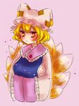  blonde_hair blush breasts dress fox_tail frills fukufukupine hands_in_opposite_sleeves hat kyuubi large_breasts mob_cap multiple_tails pillow_hat short_hair simple_background solo sparkle tabard tail touhou yakumo_ran yellow_eyes 