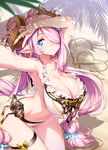  armpits arms_up beach bikini blue_eyes blush braid breasts cleavage closed_mouth commentary_request double_bun draph eyebrows_visible_through_hair granblue_fantasy hair_over_one_eye hong_(white_spider) horns huge_breasts kneeling long_hair looking_at_viewer narmaya_(granblue_fantasy) navel outdoors palm_tree pink_hair reaching_out self_shot shade smile solo swimsuit thighs tree v very_long_hair white_bikini 