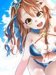  beatrix_(granblue_fantasy) breasts brown_eyes brown_hair cleavage granblue_fantasy large_breasts long_hair looking_at_viewer navel open_mouth ponytail smile solo swimsuit tsumugi_touto 