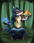  3_fingers 3_toes eyes_closed fire forest haychel lightning lucario nintendo pok&eacute;mon pok&eacute;mon_(species) toes tree video_games water 