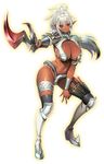  1girl armor armored_boots artist_request bangs bikini_armor black_legwear boots breasts cleavage curvy dagger dark_skin echidna female full_body holding holding_sword holding_weapon large_breasts long_hair looking_at_viewer navel official_art parted_lips pointy_ears ponytail queen&#039;s_blade queen&#039;s_blade_unlimited red_eyes redesign smile solo sword thigh_strap thighhighs transparent_background weapon white_hair 