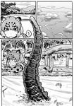  animal_ears comic crossover day elbow_gloves eyebrows_visible_through_hair gloves godzilla godzilla_(series) greyscale highres jaguar_(kemono_friends) jaguar_ears kemono_friends kishida_shiki looking_at_another monochrome outdoors raft shin_godzilla short_hair silent_comic swimming tail tsurime water 