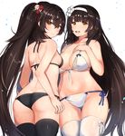  absurdres ass bangs bikini black_bikini black_hair black_legwear blunt_bangs blush breasts brown_eyes c: closed_mouth commentary curvy dimples_of_venus girls_frontline hair_ornament hairband hand_on_own_chest highres hips large_breasts long_hair looking_at_viewer looking_back multiple_girls navel open_mouth qbz-95_(girls_frontline) qbz-97_(girls_frontline) rangen sidelocks simple_background small_breasts smile swimsuit tareme teeth thighhighs thighs tsurime twintails very_long_hair white_background white_bikini white_legwear 