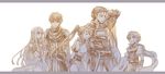  cape closed_eyes dress eliwood_(fire_emblem) fire_emblem fire_emblem:_rekka_no_ken gloves hector_(fire_emblem) high_ponytail kuzumosu lyndis_(fire_emblem) mamkute monochrome nils ninian open_mouth ponytail short_hair siblings smile 