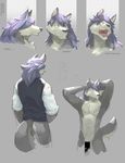 2015 abs absurd_res anthro athletic blush bottomless canine censor_bar censored clothed clothing dog english_text eyes_closed fangs front_view fur grey_background grey_fur grey_hair hair half_naked hi_res husky kouya_(morenatsu) long_hair loverslessthanthree male mammal morenatsu nipples nude open_mouth pecs pose purple_hair rear_view simple_background solo standing sweater_vest teeth text 
