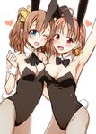  :d ;d ahoge animal_ears arm_up armpits asymmetrical_docking bangs black_bow black_leotard black_neckwear blue_eyes blush bow bowtie braid breast_press breasts brown_hair bunny_ears bunny_tail bunnysuit cleavage clenched_hand covered_navel cowboy_shot detached_collar fishnet_pantyhose fishnets hair_between_eyes hair_bow heart kousaka_honoka leotard love_live! love_live!_school_idol_project love_live!_sunshine!! medium_breasts multiple_girls one_eye_closed one_side_up open_mouth orange_hair pantyhose red_eyes short_hair side_braid simple_background smile strapless strapless_leotard suzume_miku tail takami_chika white_background wrist_cuffs yellow_bow 