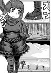  blush boots closed_mouth comic crossover day elbow_gloves expressionless frilled_skirt frills gloves godzilla godzilla_(series) greyscale hairband hands_up head_tilt highres kemono_friends kishida_shiki looking_to_the_side monochrome night outdoors pantyhose personification sand shin_godzilla shirt short_hair short_sleeves silent_comic skirt tail tree walking 