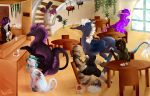  2018 amber_eyes anthro blue_eyes canine clothed clothing digital_media_(artwork) dragon feline feral group hair hooves horn hybrid mammal membranous_wings nashiholy nude purple_hair sitting smile white_hair wings 