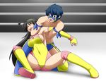  1boy 1girl ahoge arm_lock black_hair blue_eyes blue_hair blue_thunder_mask blush boots breasts cleavage cleavage_cutout covered_navel full_body hair_ornament large_breasts legs_apart leotard ninoita_rina open_mouth pain pinned ryona screaming spread_legs sweat uujiteki-33 wrestler wrestling wrestling_outfit 