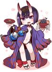  barefoot barefoot_sandals blush bowl chibi collarbone eyebrows_visible_through_hair fate/grand_order fate_(series) flat_chest food fruit full_body grapes holding holding_bowl horns looking_at_viewer naga_u navel oni open_mouth purple_eyes purple_hair short_hair shuten_douji_(fate/grand_order) smile solo 