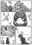  1girl cactus cerulean_(kemono_friends) closed_mouth comic crossover day elbow_gloves expressionless floating gloves godzilla godzilla_(series) greyscale hairband highres hitting kemono_friends kishida_shiki looking_at_another monochrome one-eyed outdoors personification shin_godzilla shirt short_hair silent_comic skirt spoken_ellipsis tail walking 