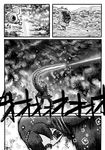  attack black_cerulean_(kemono_friends) cerulean_(kemono_friends) comic crossover day energy_beam firing godzilla godzilla_(series) greyscale hairband highres kemono_friends kishida_shiki laser leaning_forward monochrome monster one-eyed open_mouth outdoors personification shin_godzilla short_hair smoke sound_effects standing sweat tail translated 