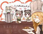  blonde_hair blush chef_hat cigarette closed_eyes cookie_(touhou) english eyebrows_visible_through_hair facing_viewer fake_nyon_(cookie) grey_hair haiperion_buzan hat holding holding_cigarette holding_plate holding_sign holding_spoon kirisame_marisa kofji_(cookie) laughing long_hair looking_at_viewer multiple_girls nazrin nyon_(cookie) open_mouth parted_lips plate red_eyes short_hair sign smile spoon suzu_(cookie) touhou translation_request white_hat 