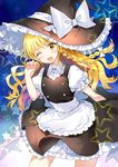 ;d apron bangs blonde_hair blush bow braid commentary_request cowboy_shot eyebrows_visible_through_hair frilled_apron frills hair_bow hand_up hat hat_bow hayama_eishi kirisame_marisa long_hair looking_at_viewer one_eye_closed open_mouth puffy_sleeves side_braid single_braid smile solo star touhou waist_apron wavy_hair white_apron white_bow witch_hat yellow_eyes 