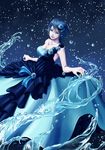  1girl aqua_(kingdom_hearts) blue_dress blue_eyes blue_hair breasts cleavage dress hair_flower kingdom_hearts solo water 