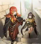  1girl armor boots brother_and_sister brown_eyes brown_hair cloak dyute_(fire_emblem) fang fingerless_gloves fire_emblem fire_emblem_echoes:_mou_hitori_no_eiyuuou futabaaf gloves gradient_hair hair_between_eyes hair_over_one_eye hair_ribbon luthier_(fire_emblem) multicolored_hair open_mouth orange_hair outstretched_hand ponytail red_hair ribbon robe running short_hair siblings side_ponytail sleeveless stairs stone_wall walking wall wristband 