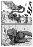  arm_support attack black_cerulean_(kemono_friends) comic crossover day elbow_gloves gloves godzilla godzilla_(series) greyscale hairband highres kemono_friends kicking kishida_shiki kneeling lying monochrome motion_lines on_side outdoors personification shin_godzilla shirt short_hair skirt solo_focus sound_effects tail translated 