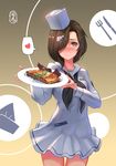  black_neckwear blush breasts brown_eyes brown_hair closed_mouth fork hair_over_one_eye hat heart highres holding holding_plate knife large_breasts looking_at_viewer neckerchief pacific plate sima_naoteng smile solo speech_bubble spoken_heart uss_tautog_(ss-199) white_hat 