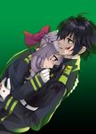  1girl belt black_background black_hair black_pants black_shirt blood blood_on_face bloody_clothes bow brown_eyes dutch_angle gloves green_background green_eyes hair_bow hiiragi_shinoa hug hyakuya_yuuichirou kero_sweet long_hair military military_uniform owari_no_seraph pants parted_lips purple_bow purple_hair shirt tears two-tone_background uniform white_gloves 