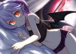  akisome_hatsuka bare_arms bat_wings bed_sheet boyshorts camisole closed_mouth full_moon hair_between_eyes indoors lavender_hair looking_at_viewer lying moon on_side pointy_ears red_eyes red_moon remilia_scarlet smile solo touhou wings 