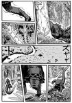  all_fours boots comic crossover day dress fallen_tree godzilla godzilla_(series) greyscale highres jungle kemono_friends kishida_shiki lizard_tail monochrome nature outdoors personification river shin_godzilla silent_comic tail tree trembling walking 